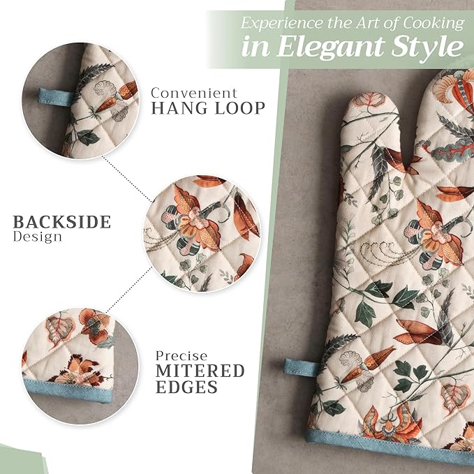 Maison d' Hermine Oven Gloves 100% Cotton Oven Mitt 7" x 13" with Loop Heat Resistant BBQ Cooking Gloves for Thanksgiving Christmas Decorations Baking Handling Hot Pans (Pack of 1, Dalida)