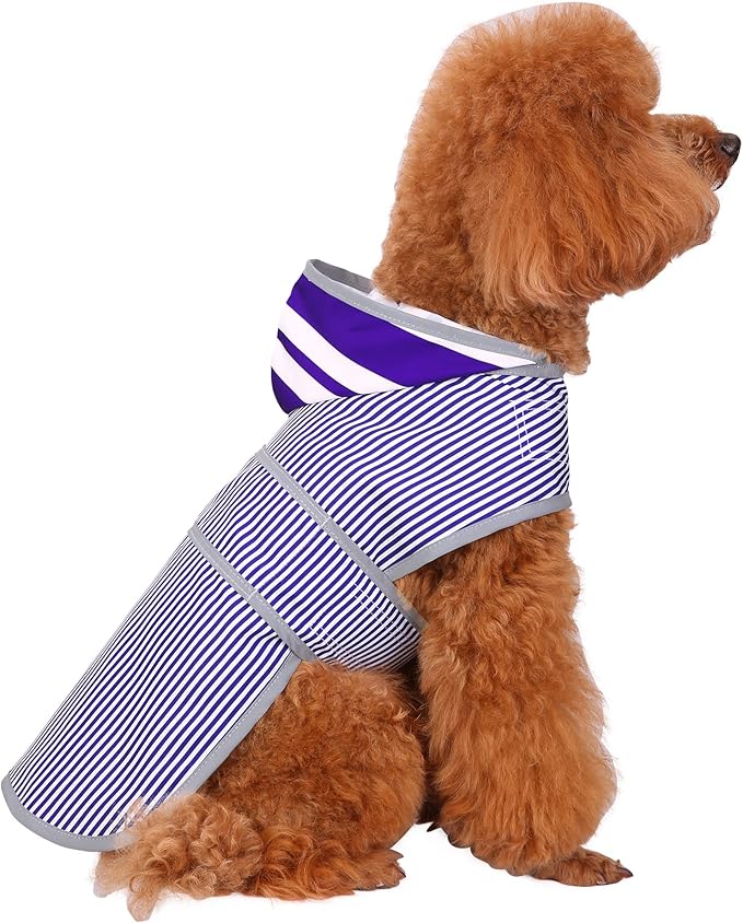 Dog Raincoat for Medium Dogs Puppies Waterproof Hooded Rain Jacket with Reflective Strips Leash Hole & Poncho Adjustable Fit (Bluestripe,M)