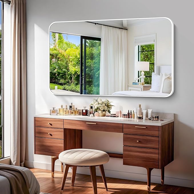 BONEWEI White Bathroom Mirror,60x36 inch Wall Mirror for Bathroom Wall Mounted,Rectangle Mirror for Bathroom Over Sink,Modern Frame Round Corner for Living Room,Bedroom Entryway,Horizontal/Vertical