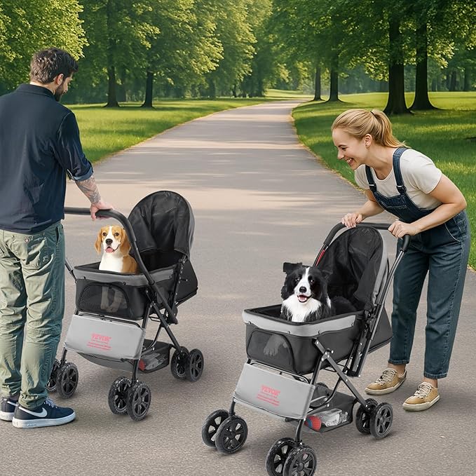 VEVOR Pet Stroller, 44 lbs Weight Capacity, Foldable Dog Cart, 4 Wheels Cats Stroller with Mesh Windows & Revrsible Handle, Portable Pet Carrier with Brake, for Small to Medium Pets