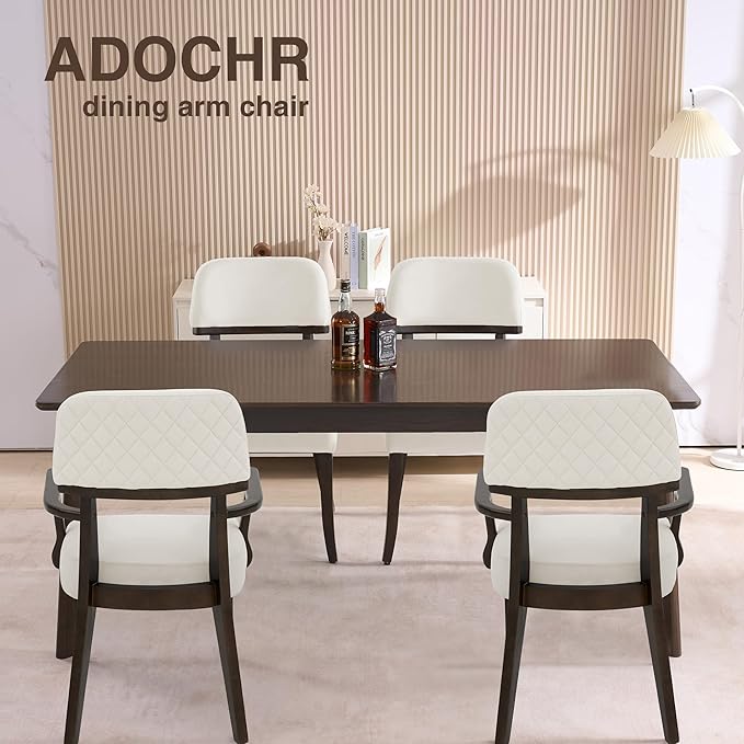 Modern Wood Dining Chairs with Arms Set of 6, Velvet Upholstered Kitchen Chairs with Open Curved Backrest & Black Hardwood Legs, Accent Chairs 350 LBS Capacity, White