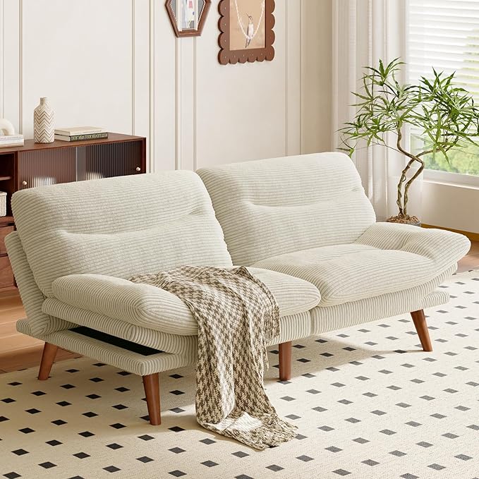 Amada 75" Convertible Futon Sofa Bed, Corduroy Folding Futon Set with Adjustable Backrest &Armrests, Recliner Lounge for Living Room, Apartment or Office, Solid Wood Frame, Loveseat Sofa -Beige White