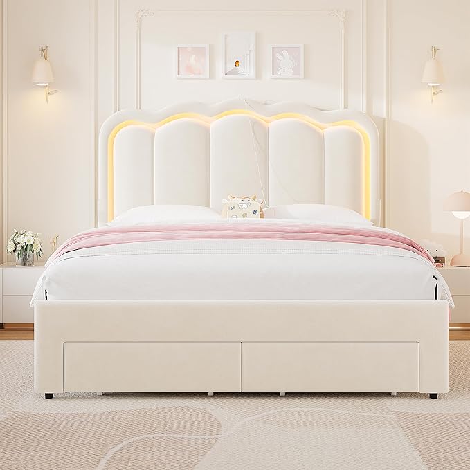 Queen Upholstered LED Bed Frame with 2 Storage Drawers and Adjustable Chic Double Wavy Headboard, Velvet Princess Platform Bed with Charing Station, Solid Wood Slats Support,No Box Spring Needed,Beige