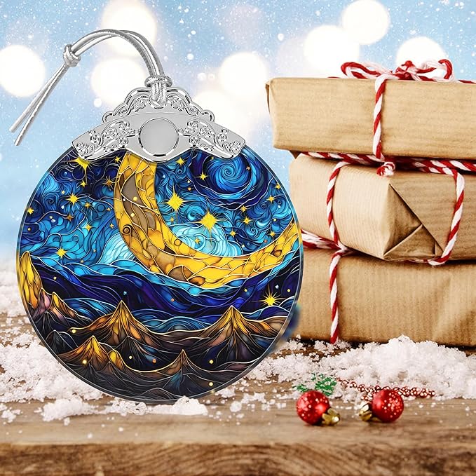 Retro Moon Star Stained Glass Hanging Ornament - Christmas Tree Decoration, Holiday Ornament, Gift Idea