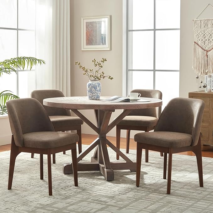 VKNOW Modern Dining Chairs Set of 6, Faux Leather Kitchen Chairs with Wood Legs, Upholstered Side Chair for Kitchen Dining Room, Dark Brown