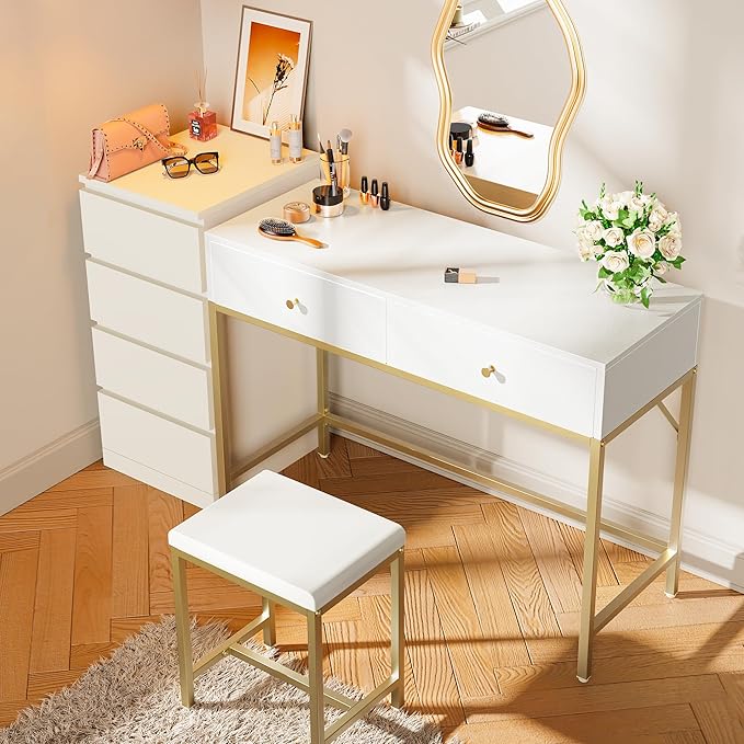 SUPERJARE 43-inch Modern White & Gold Desk - 2 Drawer Vanity, Computer & Home Office Study Desk for Writing & Bedroom
