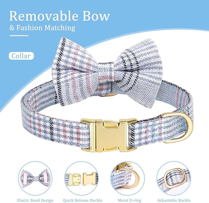 Beirui Cute Extra Small Dog Harness Collar and Leash Set with Bowtie, Soft Adjustable Plaid Puppy Harness for Small Sized Dogs Cats Walks Parties and Photoshoots(Blue,XS:Chest 13-18")