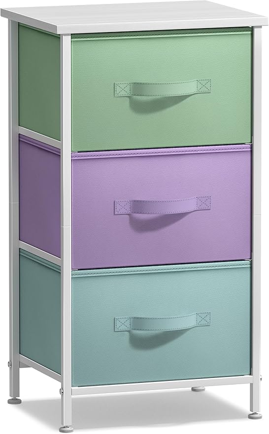 Sorbus Nightstand with 3 Drawers - Bedside Furniture & Accent End Table Storage Tower for Home, Bedroom Accessories, Office, College Dorm, Steel Frame, Wood Top, Easy Pull Fabric Bins (Pastel/White)