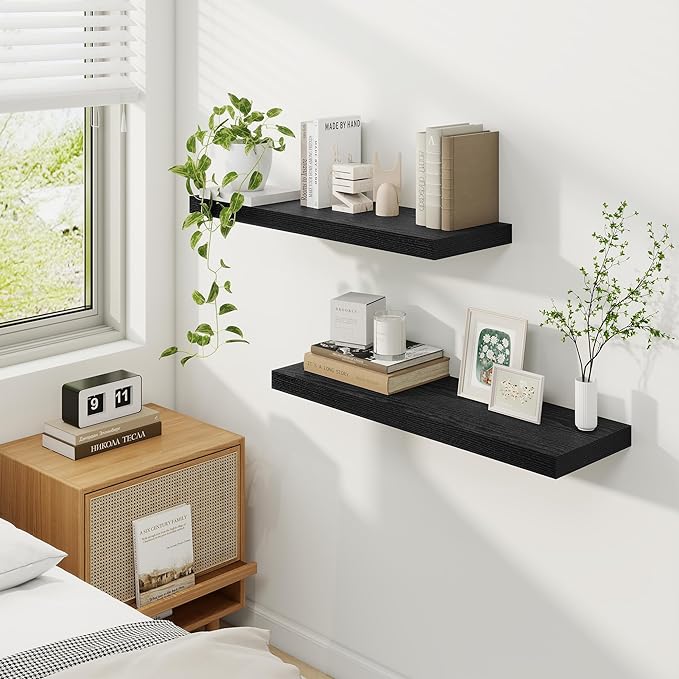 Fun Memories Floating Shelves for Wall, 30 Inch Rustic Wood Wall Mounted Shelves for Bathroom, Bedroom, Kitchen, Living Room, Deep Floating Shelves for Storage & Home Decor (Black, Set of 2)