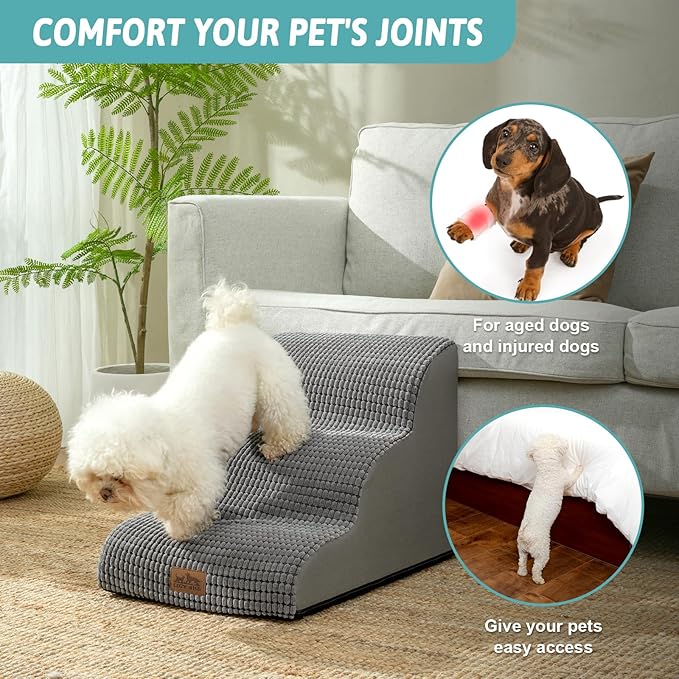 Dog Stairs for Small Dogs 15.7" H, Curved Dog Step for Puppy, Older Cat, Medium Pet Ramp for Sofa, Couch or Chair, Ladder with High Density Foam, 15.7x22.4x15.7 inch, 3 Step, Dark Grey
