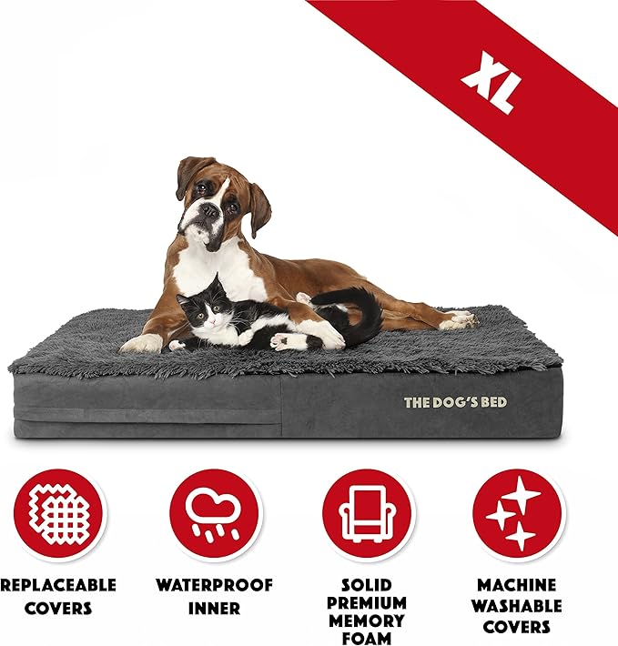 The Dog’s Bed Orthopedic Memory Foam Dog Bed, XL Grey Fur 46x28, Pain Relief for Arthritis, Hip & Elbow Dysplasia, Post Surgery, Lameness, Supportive, Calming, Waterproof Washable Cover