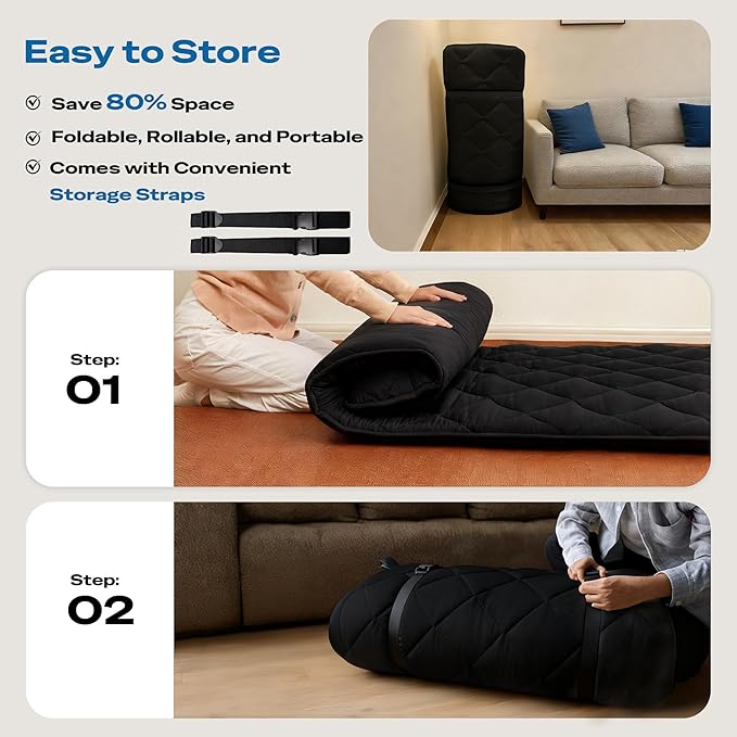 Aircliff Japanese Floor Futon Mattress, Roll Up Tatami Mat, Sleeping Pad, Shikibuton, Portable Foam Floor Bed Mattress for Sleeping, Dormitory, Guest Bed, Designed in Japan(Black, Queen)