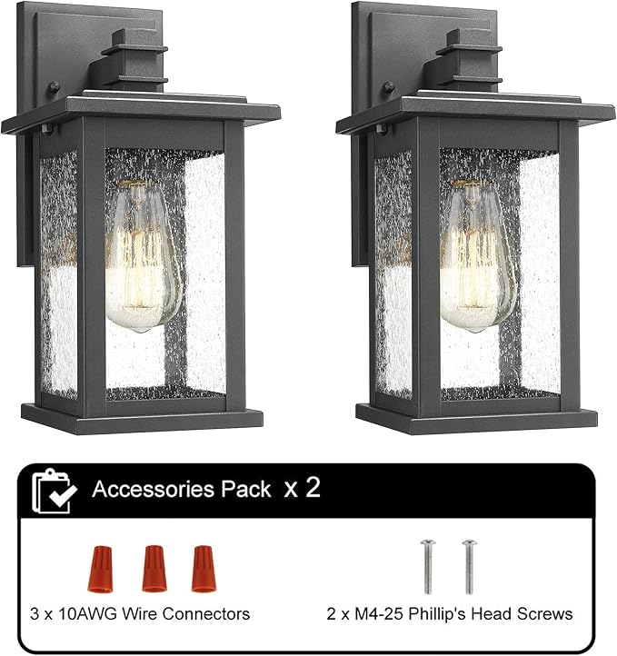 Emliviar Outdoor Wall Mount Lights 2 Pack, 1-Light Exterior Sconces Lantern in Black Finish with Clear Seeded Glass, OS-1803EW1-2PK