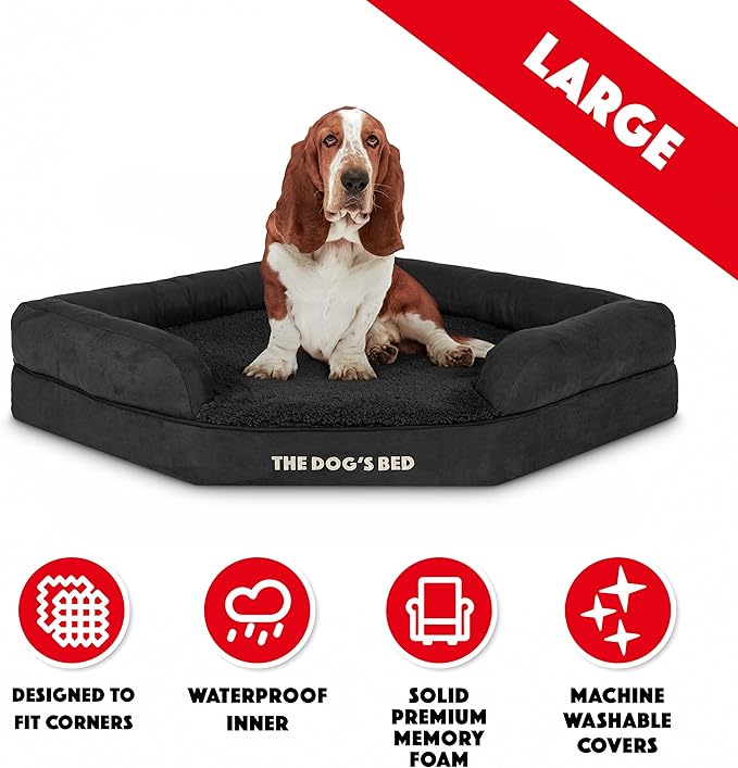 The Dog’s Bed Medium Support Memory Foam Waterproof Corner Dog Bed, Large, Black Plush, Eases Pet Arthritis & Hip Dysplasia Pain, Therapeutic & Supportive, Washable Plush Fabric Cover