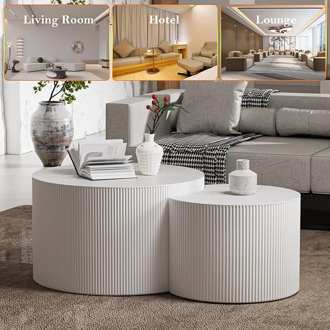 Modern Drum Coffee Table Set of 2 Stylish Minimalism Wave Stripe Fluted Nesting End Table - No Assemble, for Small Space (C-27.6IN+19.7IN)