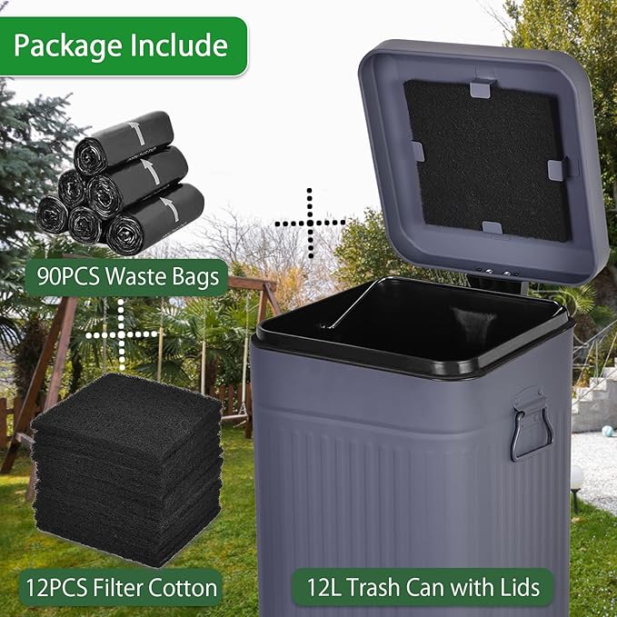 Dog Poop Trash Can with Lid for Outdoors,3.2 Gallon Trash Can with Activated Carbon Filter & Plastic Bags, Pet Waste Container,UP12L-GY-F+90BK
