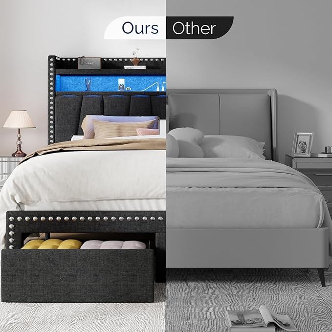 Queen Size Bed Frame with Storage Headboard and Drawers Modern Rivets Upholstered Bed Frame with LED Charging Station Queen Bedframe No Box Spring Needed