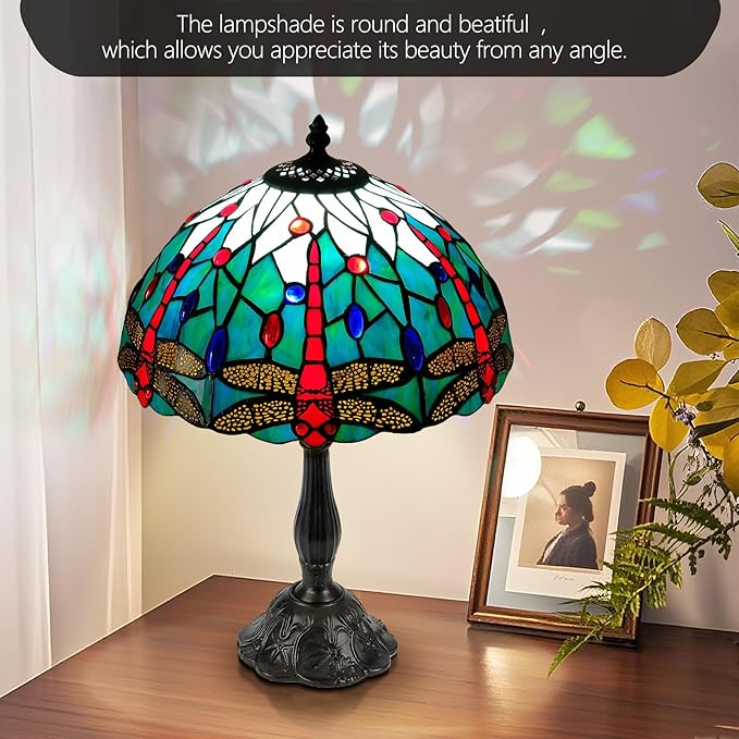 Dragonfly Tiffany Style Lamp - 12" Stained Glass Table Lamp with LED Bulb, Handcrafted Tiffany Lamp Kit for Bedroom, Office, or Dragonfly Side Table Décor