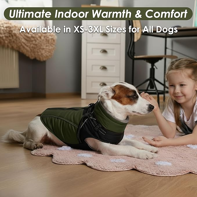 ASENKU Reflective Dog Coat with Built-in Harness, Windproof Fleece-Lined Dog Jacket for Small, Medium, Large Dogs, Warm Winter Vest with Turtleneck & Zipper (Green XL)