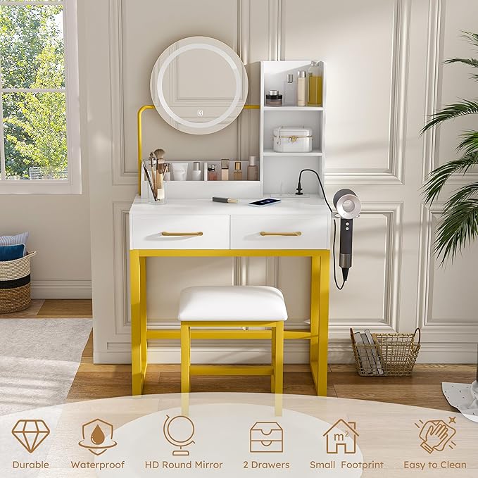 Ball & Cast Vanity Desk with Mirror & Power Outlet,3 Dimmable Colors Light Small Makeup Vanity Table Set with 2 Large Drawers & Chair,Adjustable Brightness Dressing Table for Women Girls Bedroom
