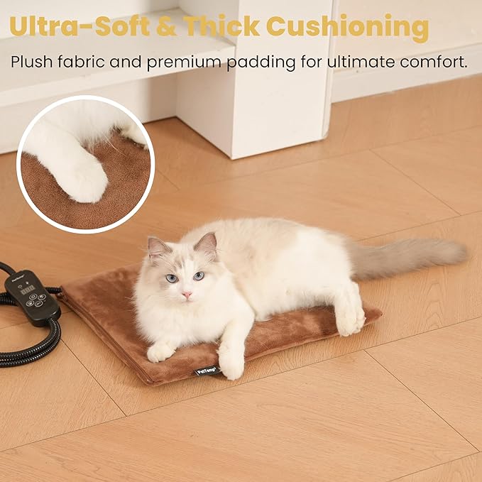 Pet Heating Pad for Cats and Dogs, Comfortable Heated Pet Bed, Waterproof Heated Pet Mat with 5 Adjustable Heat Levels, Timer & Auto Power-Off, Chew Resistant Cord, 16'' x 13''