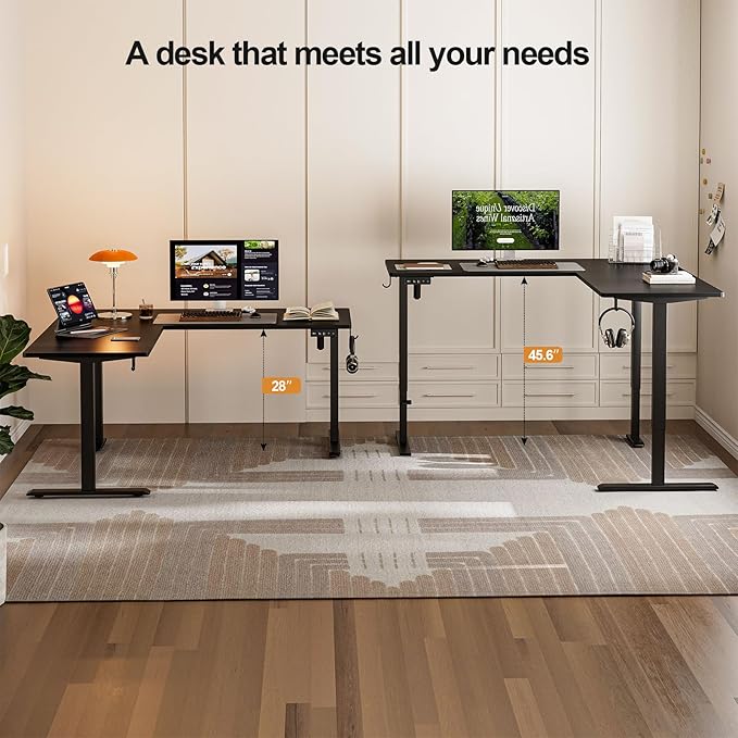 Grandder 63 x 55 Inch L Shaped Standing Desk, Electric Height Adjustable Corner Stand Up Desk, Sit Stand Corner Table Home Office Table, Black Top Black Frame