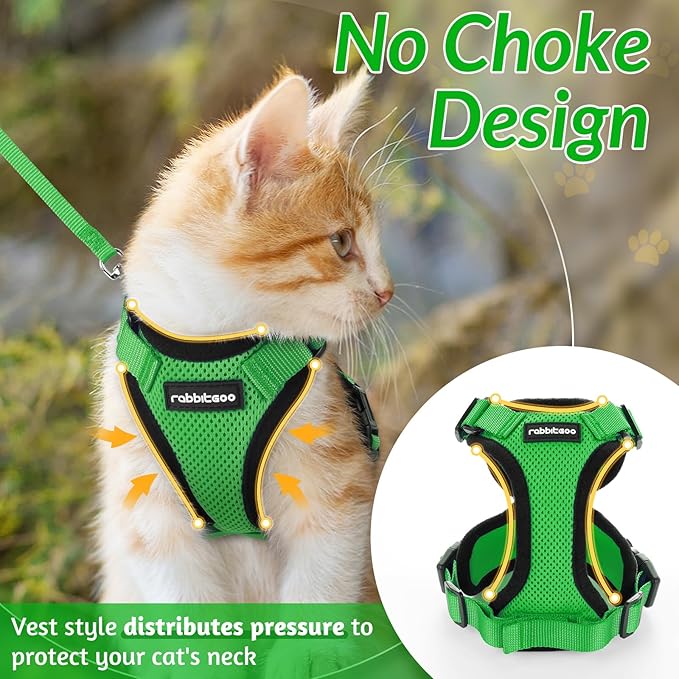rabbitgoo Cat Harness and Leash for Walking, Escape Proof Soft Adjustable Vest Harnesses for Cats, Easy Control Breathable Reflective Strips Jacket, Grass Green, XS