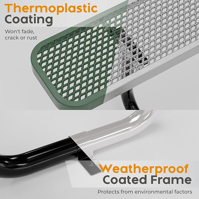 Metal Picnic Tables for Outdoors with Umbrella Hole - Coated Steel Heavy Duty Commercial Grade Furniture with Adjustable Seats (Green, 46 in, Square with Back, Expanded Steel)