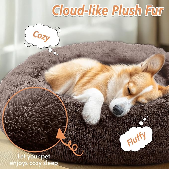 JOLLYVOGUE Calming Dog & Cat Bed for Small Dogs, Anti-Anxiety Donut Cuddler Cozy Soft Round Bed with Anti-Slip Bottom, Fluffy Faux Fur Plush Cushion Beds for Small Medium Pets (20")