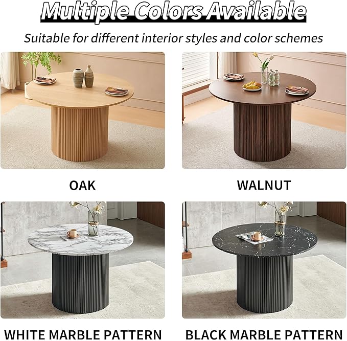 47" Round Dining Table for 4, Modern Farmhouse Wood Veneer Top with MDF Striped Base, Kitchen & Dining Room Tables - Oak Color