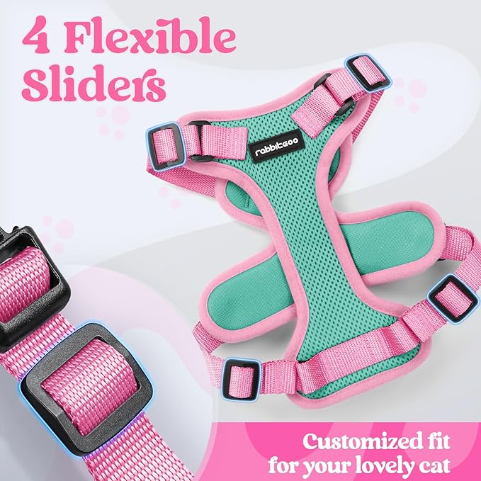 rabbitgoo Cat Harness and Leash Set, Escape Proof Soft Adjustable Vest Harnesses for Outdoor Walking, Easy Control Breathable Kitten Jacket with Reflective Strips, Green & Pink, XXS