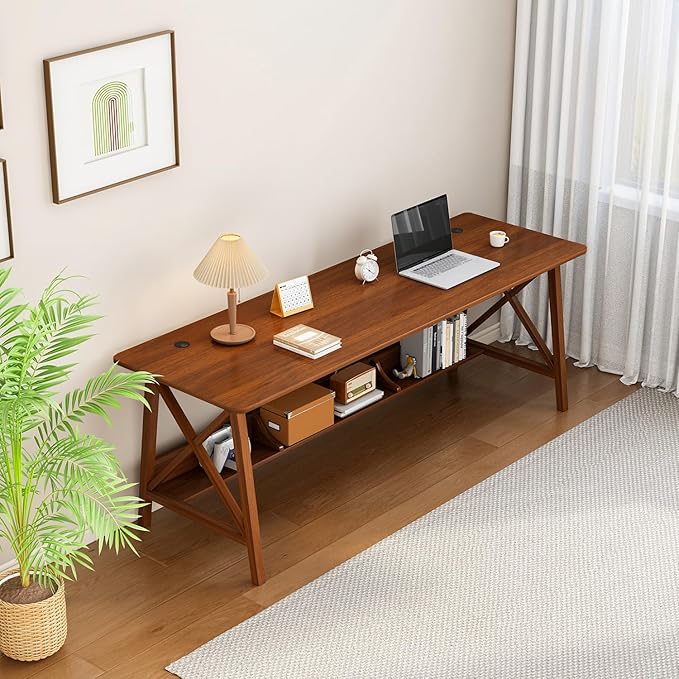 Extra Long Desk with Bookshelf - Wooden Home Office Work Study Table, 2-Person Writing Computer Workstation with Storage Shelf in Walnut, 71" Wx20 Dx30 H
