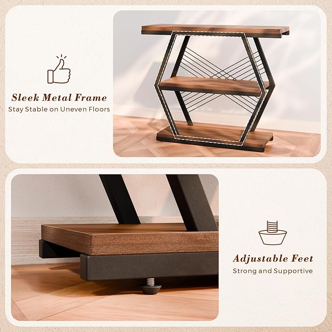 39.4" Entryway Table, Industrial 3-Tier Console Sofa Table with Open Wood Shelves, Wood Accent Table with Stable Metal Frame for Small Spaces, Entrance, Hallway, Foyer, Rustic Brown