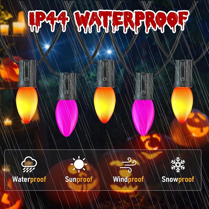 Halloween Purple Orange String Lights Outdoor 25Ft, 25 C7 LED Purple Orange Bulbs with 2 Spare, Connectable Waterproof Patio Porch Yard Fence Pathway Lights for Haunted House Party Decorations