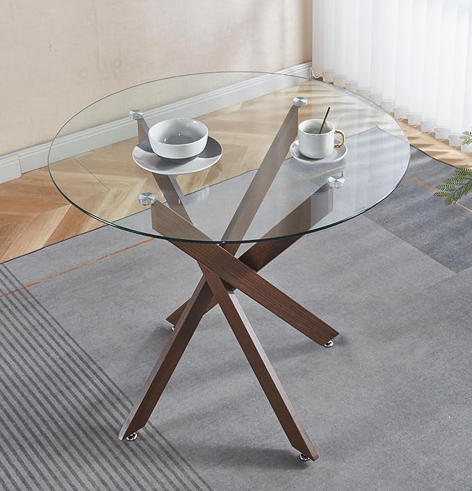 36" Round Dining Table for 4, Modern Clear Glass Kitchen Table for 4 with Walnut X Metal Legs, Contemporary Small Circle Dining Room Leisure Tables for Kitchen Apartment