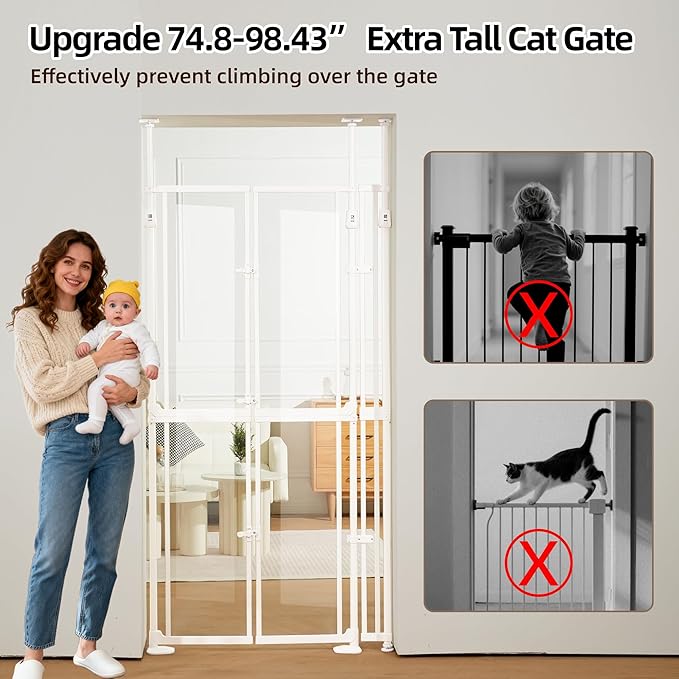 74" Extra Tall Cat Gate for Doorways, 33.86-37.40" Wide Cat Gate Indoor, Clear Dog Gate Acrylic Auto Close Door Gates for Pets No Drilling Pet Proof Safety Gate for Stairs House- White