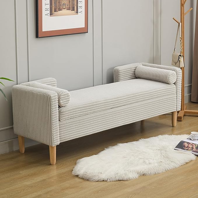 NIOIIKIT 65" Large Storage Ottoman Bench with 2 Pillows, Corduroy Upholstered Entryway Bench with Wood Leg, End of Bed Bench with Straight Armrest, Window Bench for Bedroom, Entryway (Light Grey)
