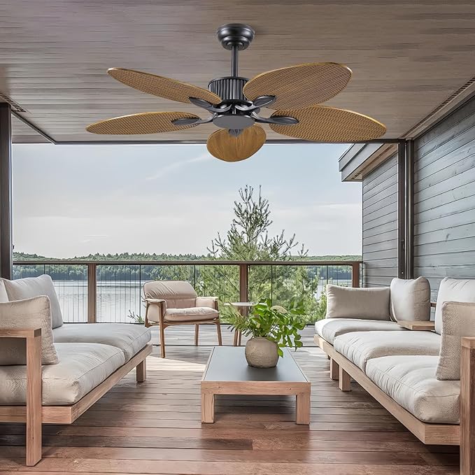 50 Inch Tropical Ceiling Fan no Light, Outdoor Waterproof Palm Leaf Ceiling Fans for Patios Porches, Remote +APP Control, Wet Rated, 6 Speeds, Quiet, Wood Grain