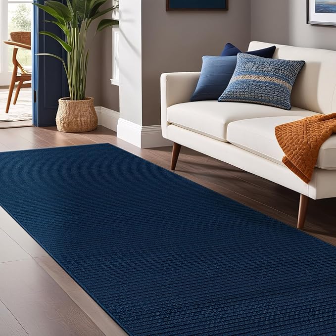 Non Slip Navy Solid Rubber Back Thing Runner Rugs for Living Room 2x7 for Kitchen, Rug for Bedroom and Hallway, Stain Resistant Easy Cleaning Non Shedding Carpet Navy 2 x 7
