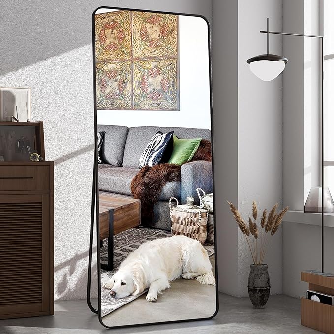 64"x21" Full Length Mirror, Full Body Rounded Corner Rectangle Mirrors with Stand, Standing or Leaning Metal Framed Floor Mirror, Wall Mounted Mirrors Hang Horizontally or Vertically, Black