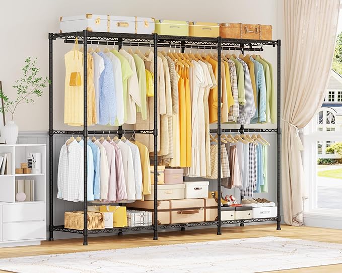 E14 Heavy Duty Clothes Rack,Freestanding Clothing Racks for Hanging Clothes,Adjustable Closet Organizers and Storage,Metal Garment Rack with Shelves 69" W x16 D x77 H,Max Load 960LBS,Black