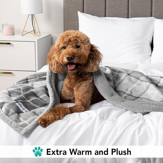 PetAmi Dog Blanket for Bed, XL Pet Blanket Large Dogs, Fleece Furniture Couch Cover Protector Sofa Car Crate Kennel, Soft Sherpa Cat Throw Plush Reversible Washable, Twin 60x80 Plaid Light Gray