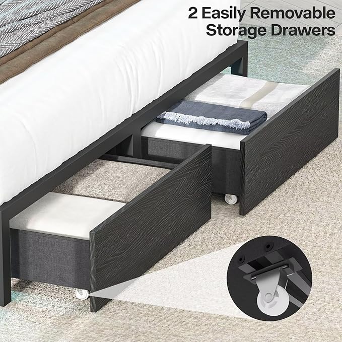 Full Size Bed Frame with Bookcase Headboard and Storage Drawers, 51.2" Metal Platform Full Bed Frame with Charging Station and LED Lights, Velvet Upholstered Tufted Bed Frames, Black