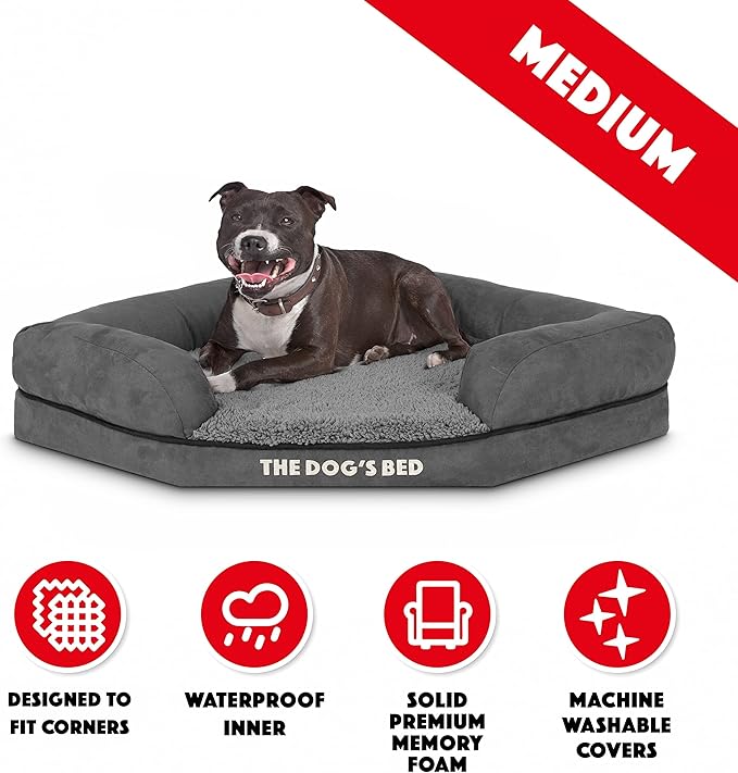 The Dog’s Bed Memory Foam Waterproof Corner Dog Bed, Medium, Grey Plush, Eases Arthritis & Hip Dysplasia Pain, Therapeutic & Supportive, Washable Plush Fabric Cover