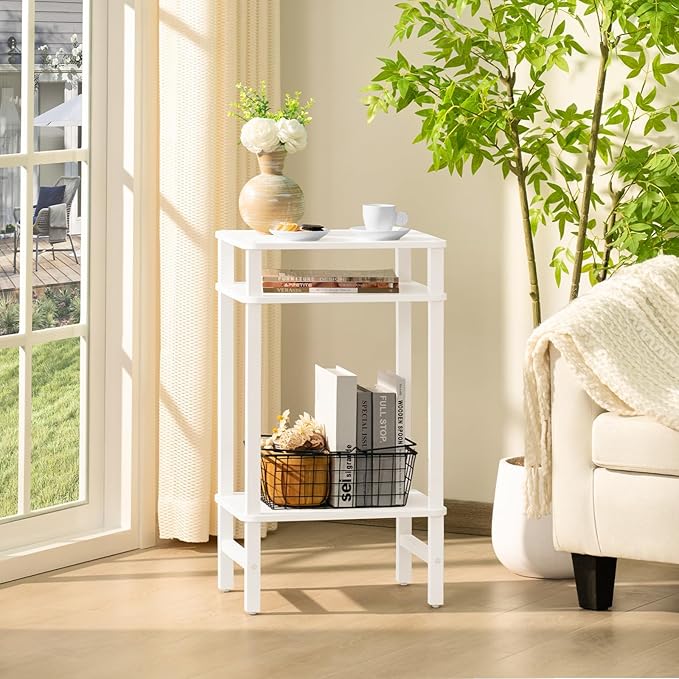 28in Tall Side Table 3-Tier Small Narrow End Table for Couch, Skinny Nightstand for Small Space, Farmhouse Slim Night Stand with Storage, Wooden Frame Thin Bedside Table, for Living Room, White