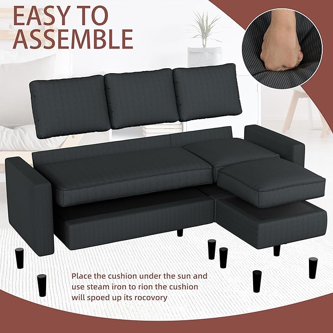 Nuturelly Convertible Sectional Sofa Couch with Movable Ottoman, 3-Seater Modern L-Shaped Sofa for Small Spaces, Soft Fabric Couch for Living Room, Small Apartment & Office(Dark Gray)