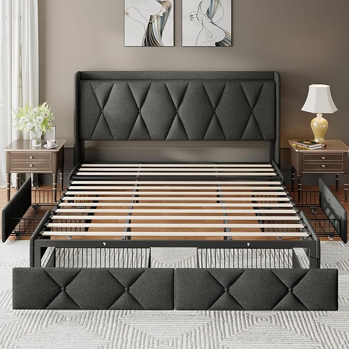 Feonase King Size Bed Frame with 4 Storage Drawers, Upholstered Platform Bed with Charging Station, Wingback Storage Headboard, Wooden Slats Support, No Box Spring Needed, Easy-Assembly, Dark Grey