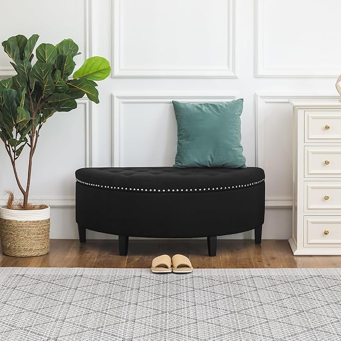 Homebeez 43" Half Moon Storage Ottoman Bench, Grainy Linen Fabric End of Bed Storage Chest with Nailhead Trim for Entryway Living Room,Dark Black