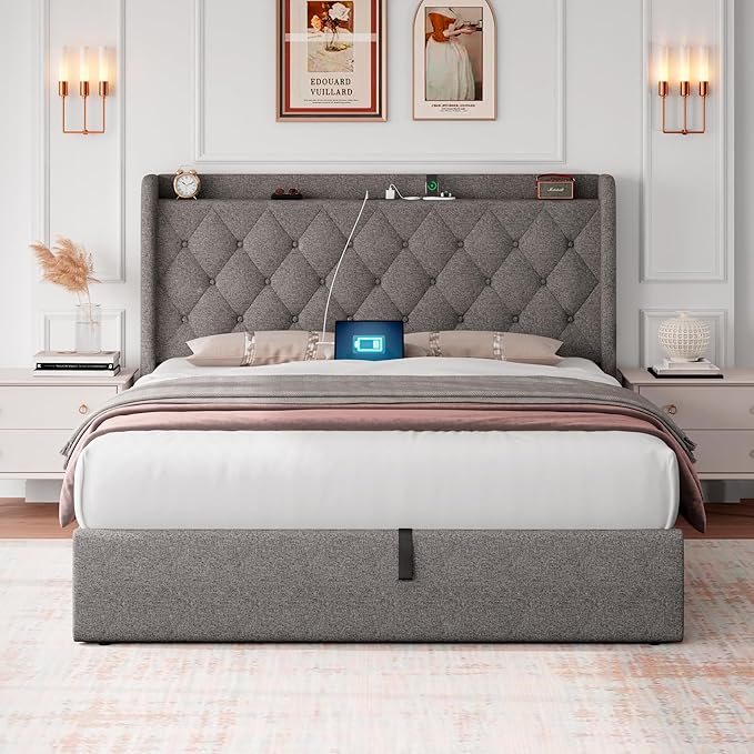 iPormis Full Size Lift Up Storage Bed Frame with Charging Station, Upholstered Platform Bed Frame with Tufted Headboard, Hydraulic Storage, No Box Spring Needed, Noise-Free, Easy Assembly, Light Grey