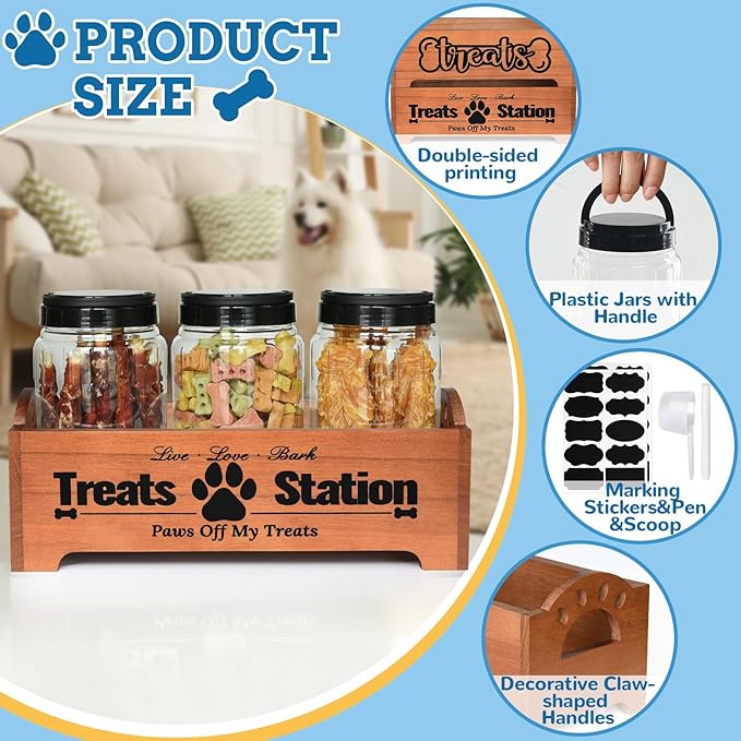 Dog Treat Container Dog Food Container for Dog Food Storage, Farmhouse Cat Food Container Pet Food Storage Organizer, Wood Dog Treat Holder with 3 Plastic Cat Dog Treat Jars, Brown Cat Treat Container